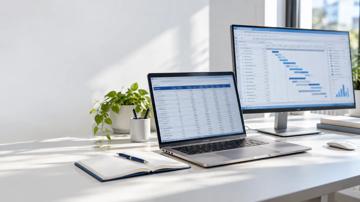 Pracovní stůl s notebookem, monitorem a přehledy úkolů a čísel